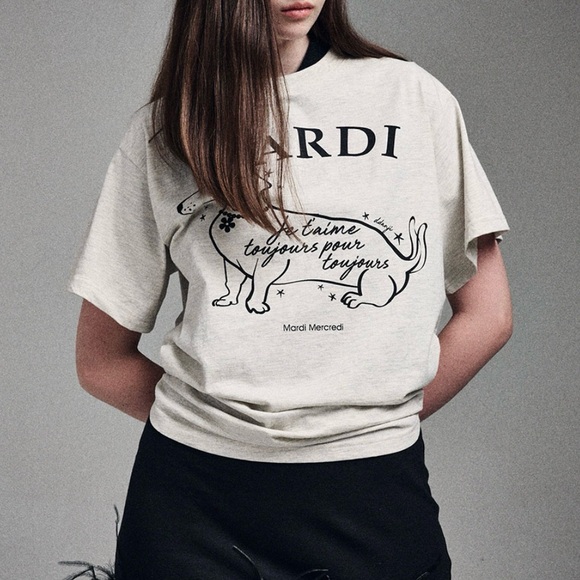 NWOT MARDI MERCREDI TSHIRT SWING THE TAIL DDANJI FLOWER CHOKER_OATMEAL BLACK - Picture 2 of 8